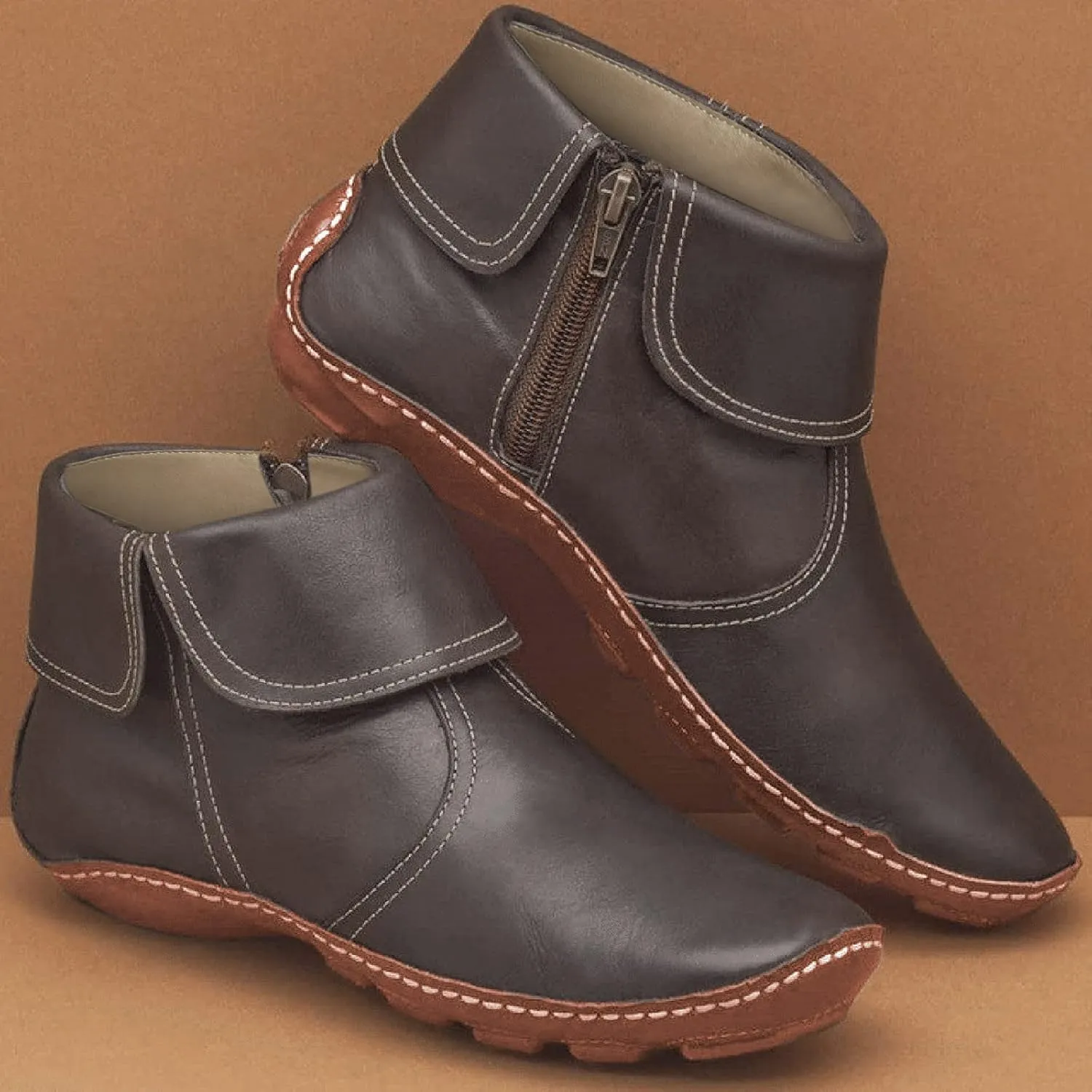 Ankle Boots for Women No Heel Arch Support Boots Side Zipper Flat Heel Booties Vintage Leather Damping Shoes