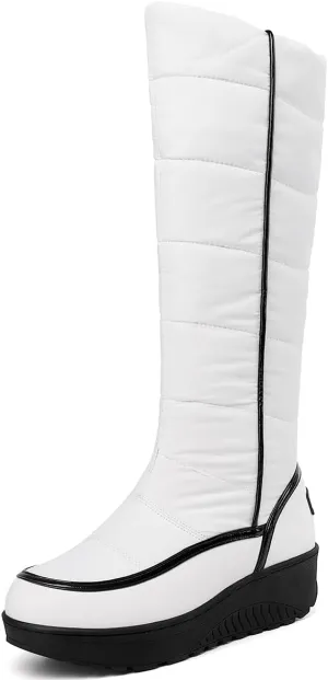 SACFOF Women Furry Snow Boots Waterproof Rain Warm Round Toe Non-Slip Comfort Platform Thick Faux Fur Lined Winter Knee High Boots