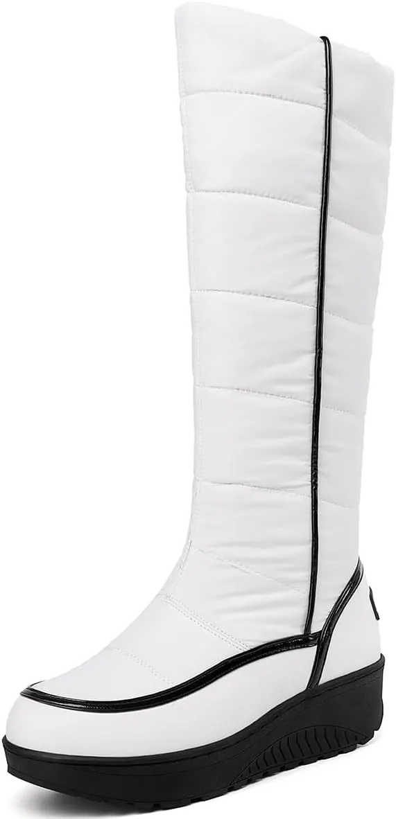 SACFOF Women Furry Snow Boots Waterproof Rain Warm Round Toe Non-Slip Comfort Platform Thick Faux Fur Lined Winter Knee High Boots