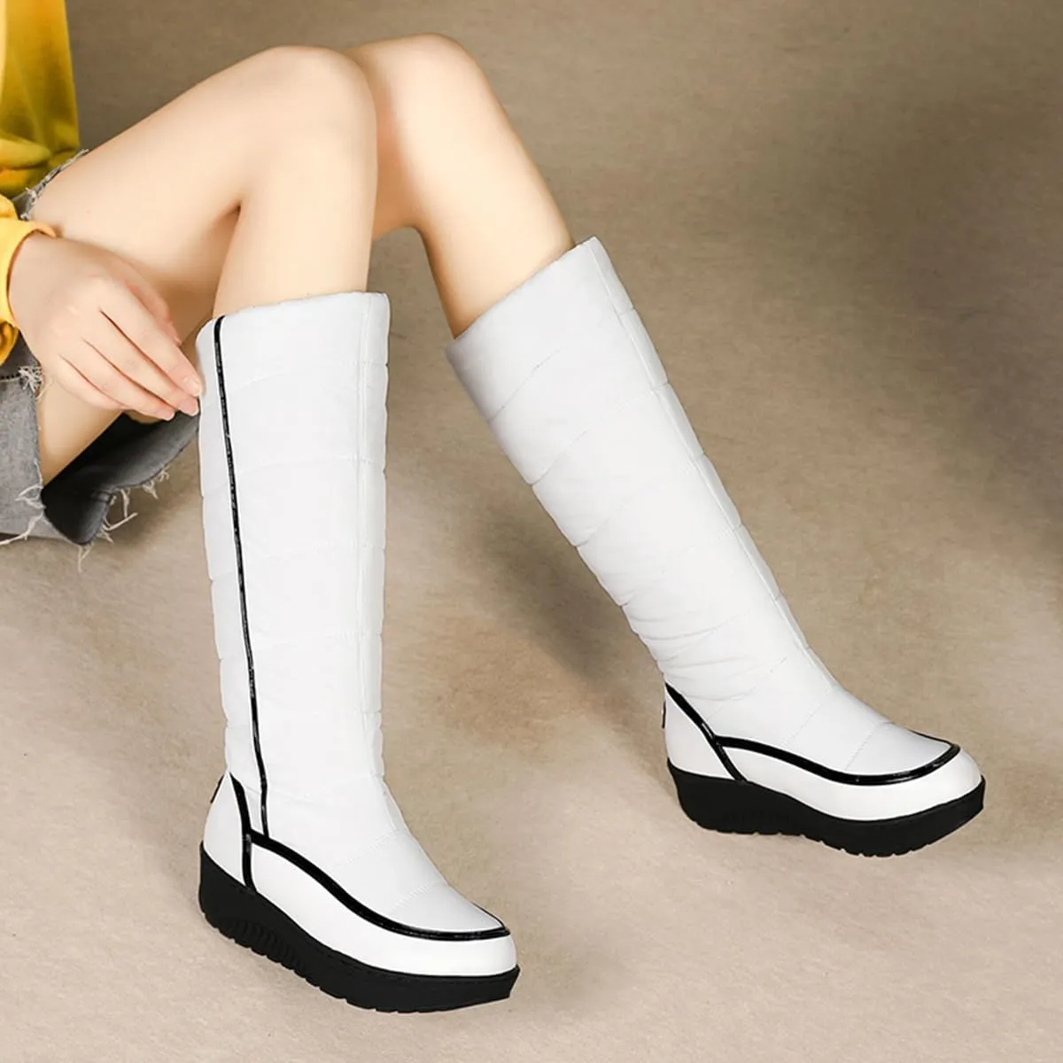 SACFOF Women Furry Snow Boots Waterproof Rain Warm Round Toe Non-Slip Comfort Platform Thick Faux Fur Lined Winter Knee High Boots