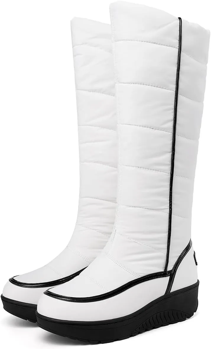 SACFOF Women Furry Snow Boots Waterproof Rain Warm Round Toe Non-Slip Comfort Platform Thick Faux Fur Lined Winter Knee High Boots